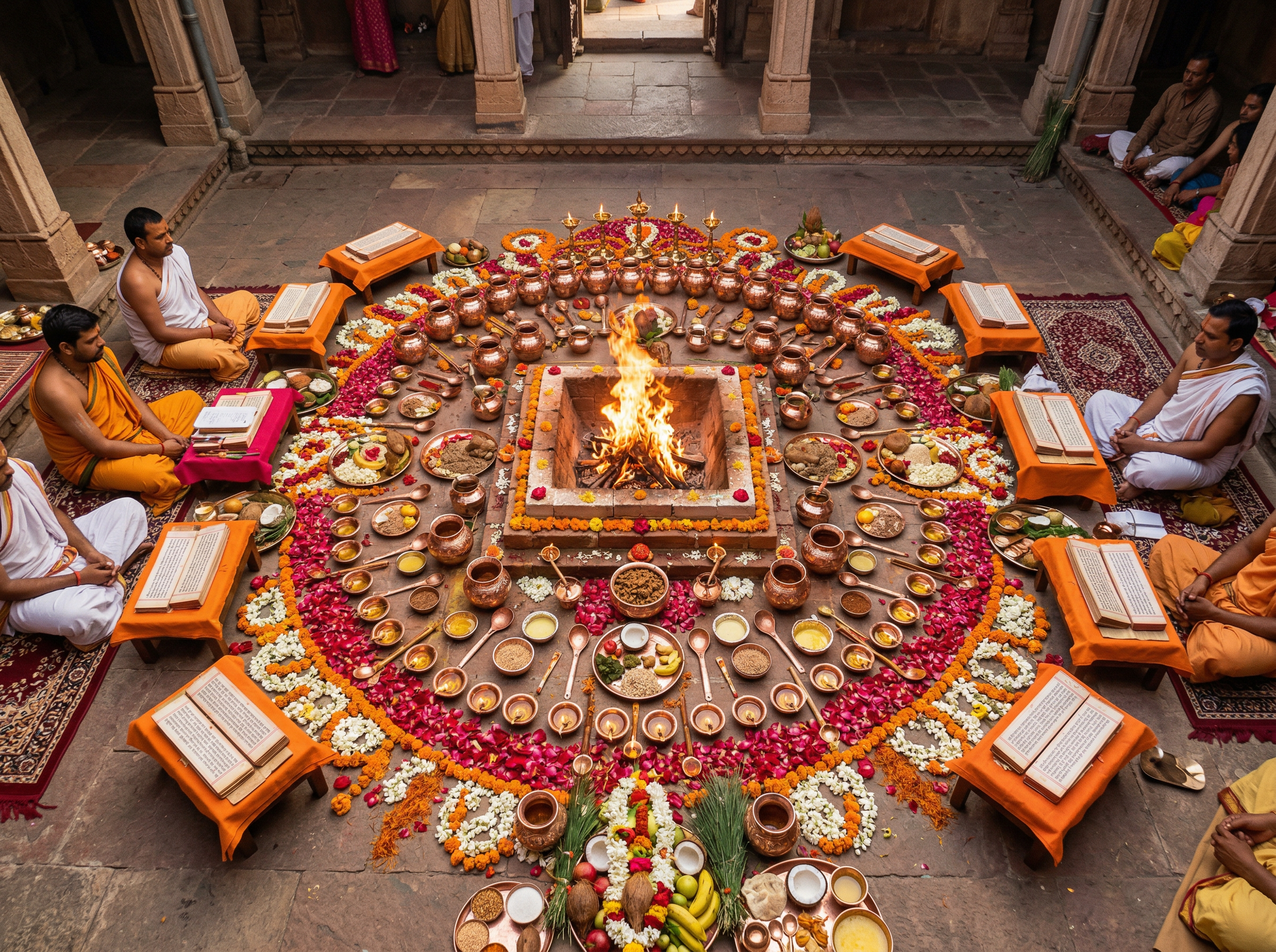 Overhead view of a sacred Vedic ceremony with ritual items